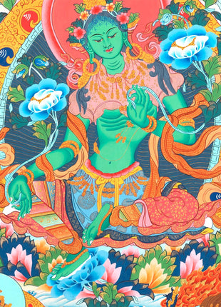 Mother Green Tara Thangka Painting | Wall Hanging Decoration | Religious Home Decor