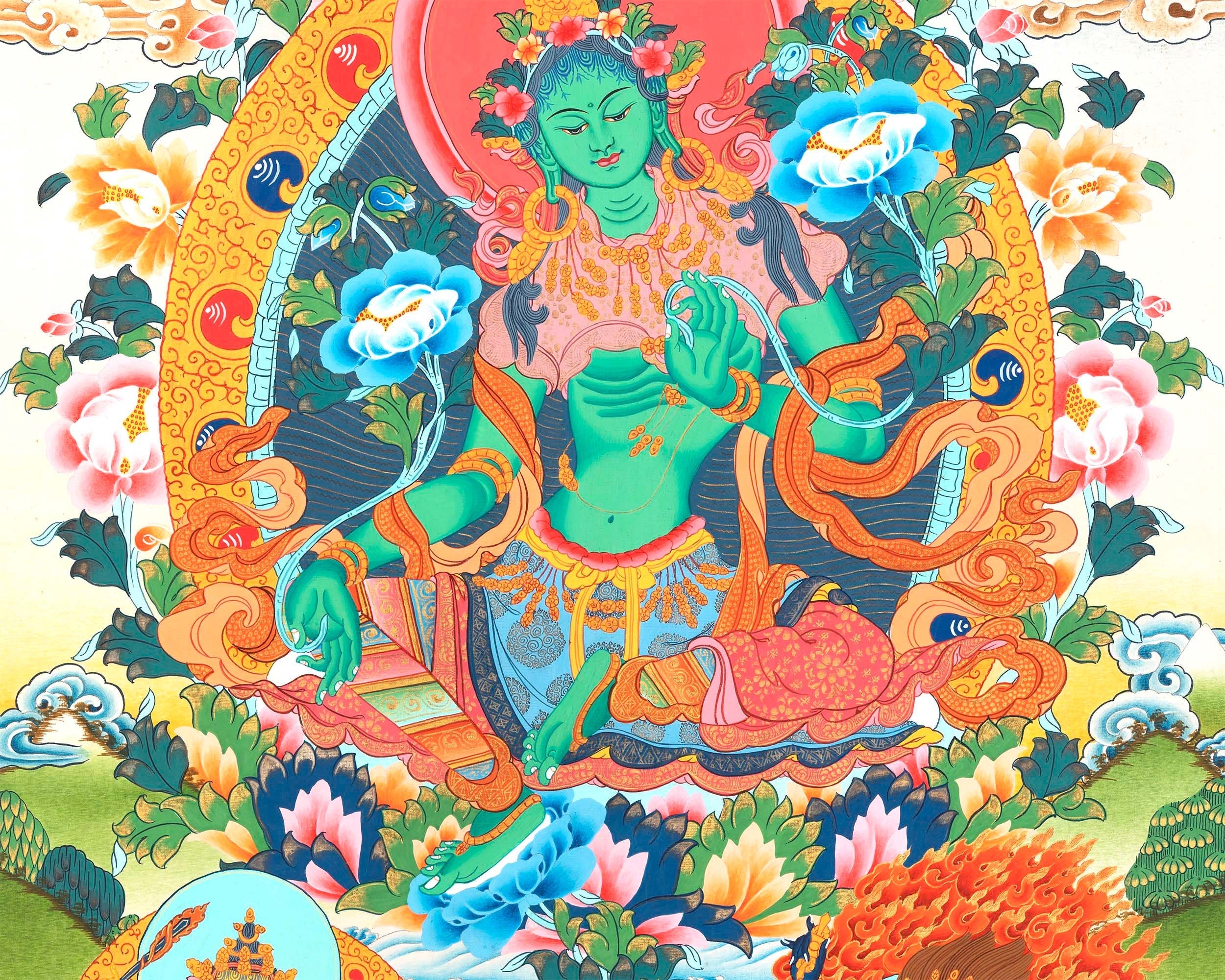 Mother Green Tara Thangka Painting | Wall Hanging Decoration | Religious Home Decor