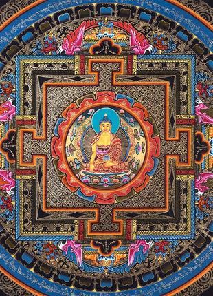 Buddha Shakyamuni Mandala Thangka Painting | Himalayan Buddhist Art  of Buddha On Lotus Throne  | 24 K Gold Work On Black  Base Color