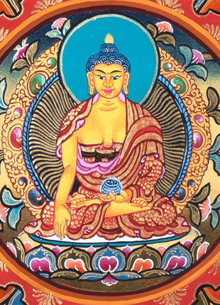 Buddha Shakyamuni Mandala Thangka Painting | Himalayan Buddhist Art  of Buddha On Lotus Throne  | 24 K Gold Work On Black  Base Color