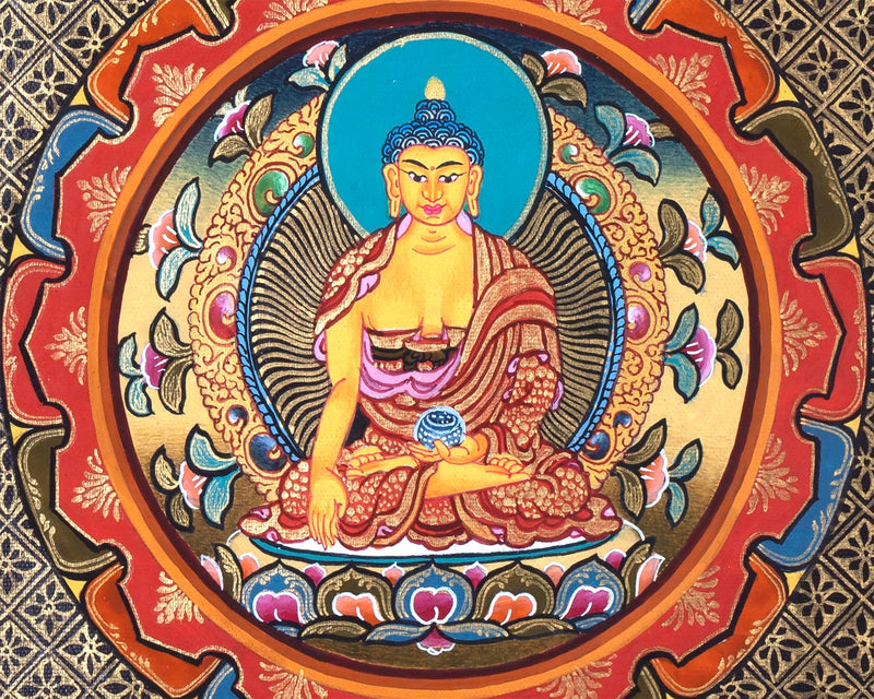 Buddha Shakyamuni Mandala Thangka Painting | Himalayan Buddhist Art  of Buddha On Lotus Throne  | 24 K Gold Work On Black  Base Color