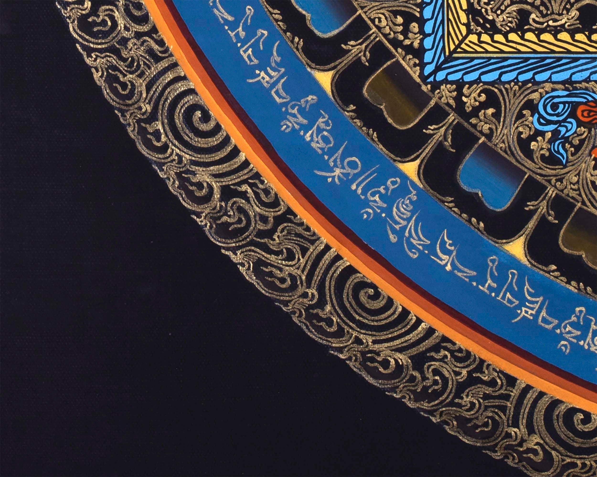 Buddha Shakyamuni Mandala Thangka Painting | Himalayan Buddhist Art  of Buddha On Lotus Throne  | 24 K Gold Work On Black  Base Color