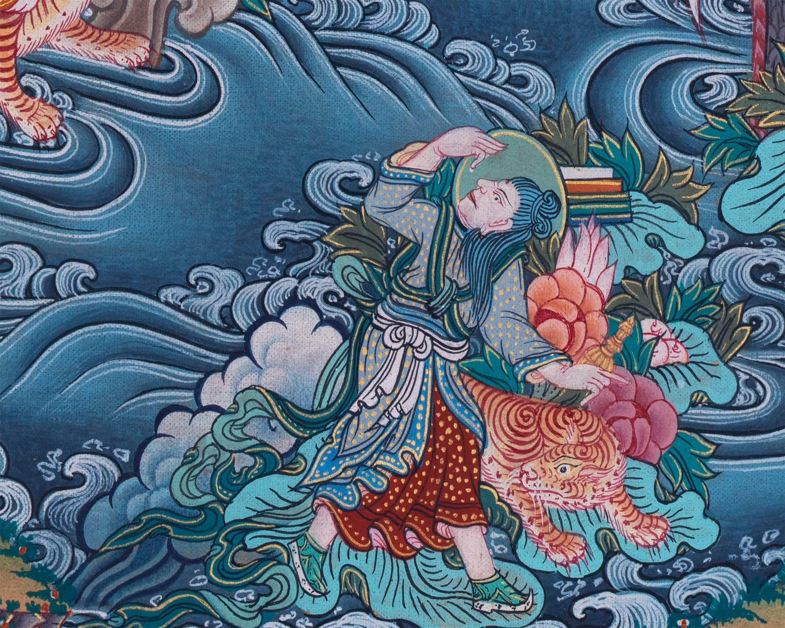 Buddha with 16 Arthats Thangka | Original Hand Painted Tibetan Wall hanging Decoration for Peace | Landscape Art