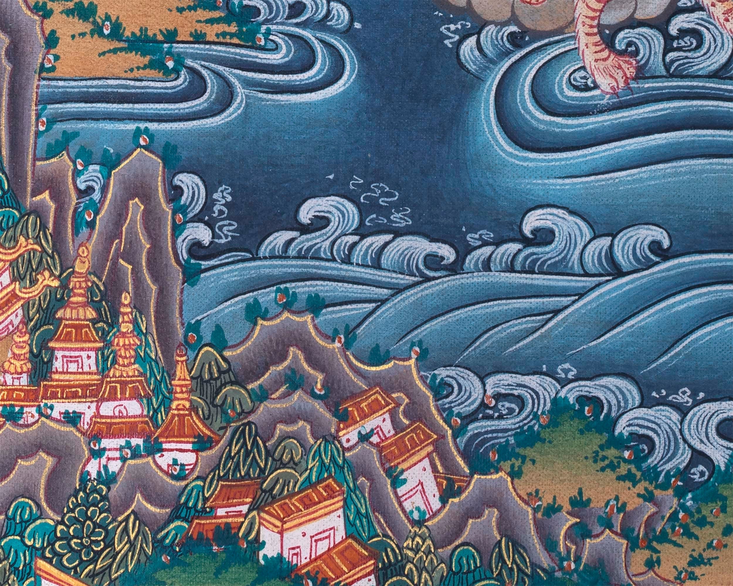 Buddha with 16 Arthats Thangka | Original Hand Painted Tibetan Wall hanging Decoration for Peace | Landscape Art