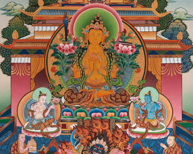 Manjushree Thangka | Manjushri Palace Large Sized Tibetan Thangka Painting For Office, Bedroom & Farmhouse