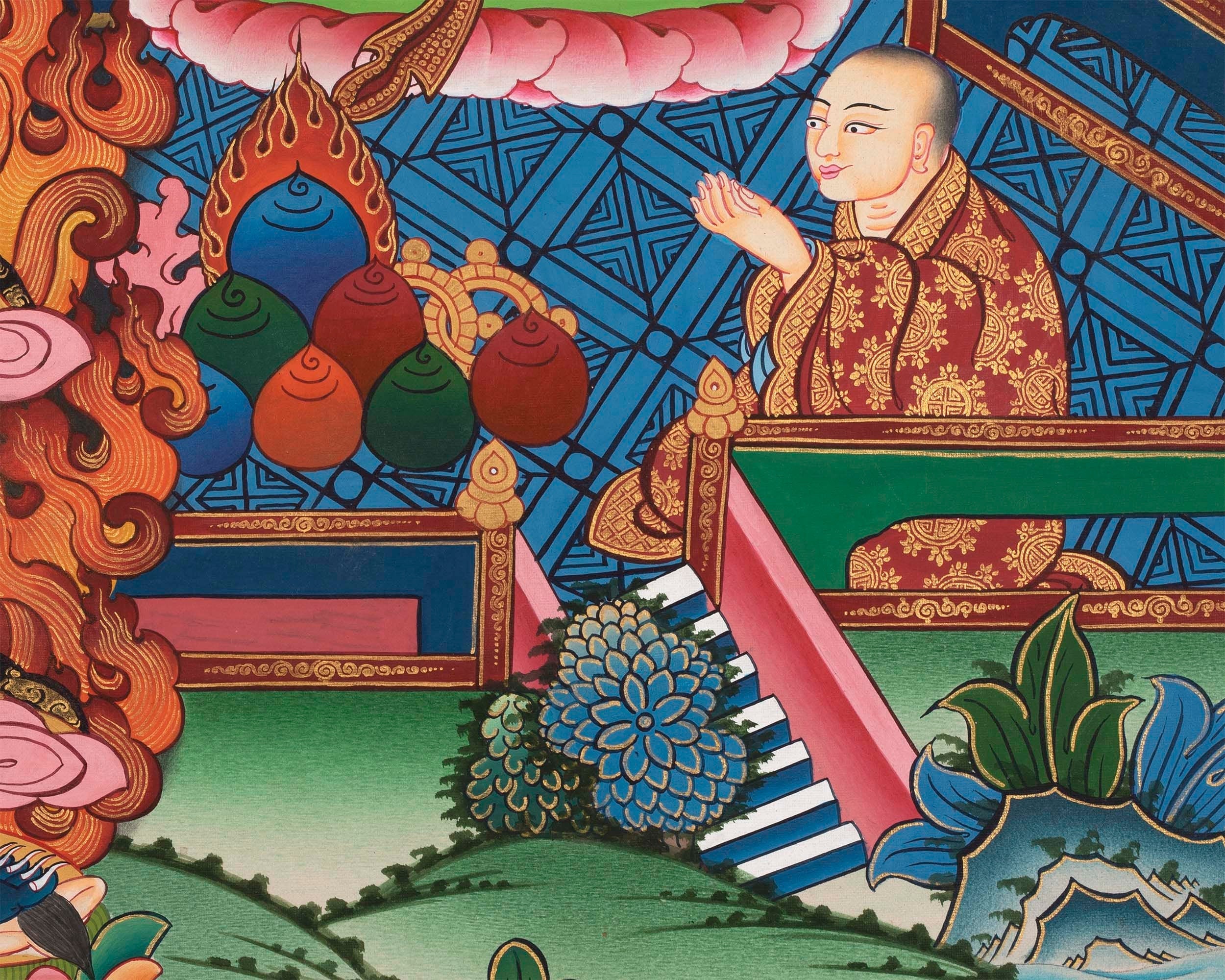 Manjushree Thangka | Manjushri Palace Large Sized Tibetan Thangka Painting For Office, Bedroom & Farmhouse