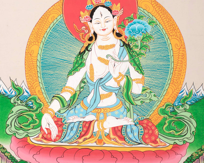 Buddhist White Tara Thangka | Handpainted Tibetan Art | Religious Wall Hanging Decor