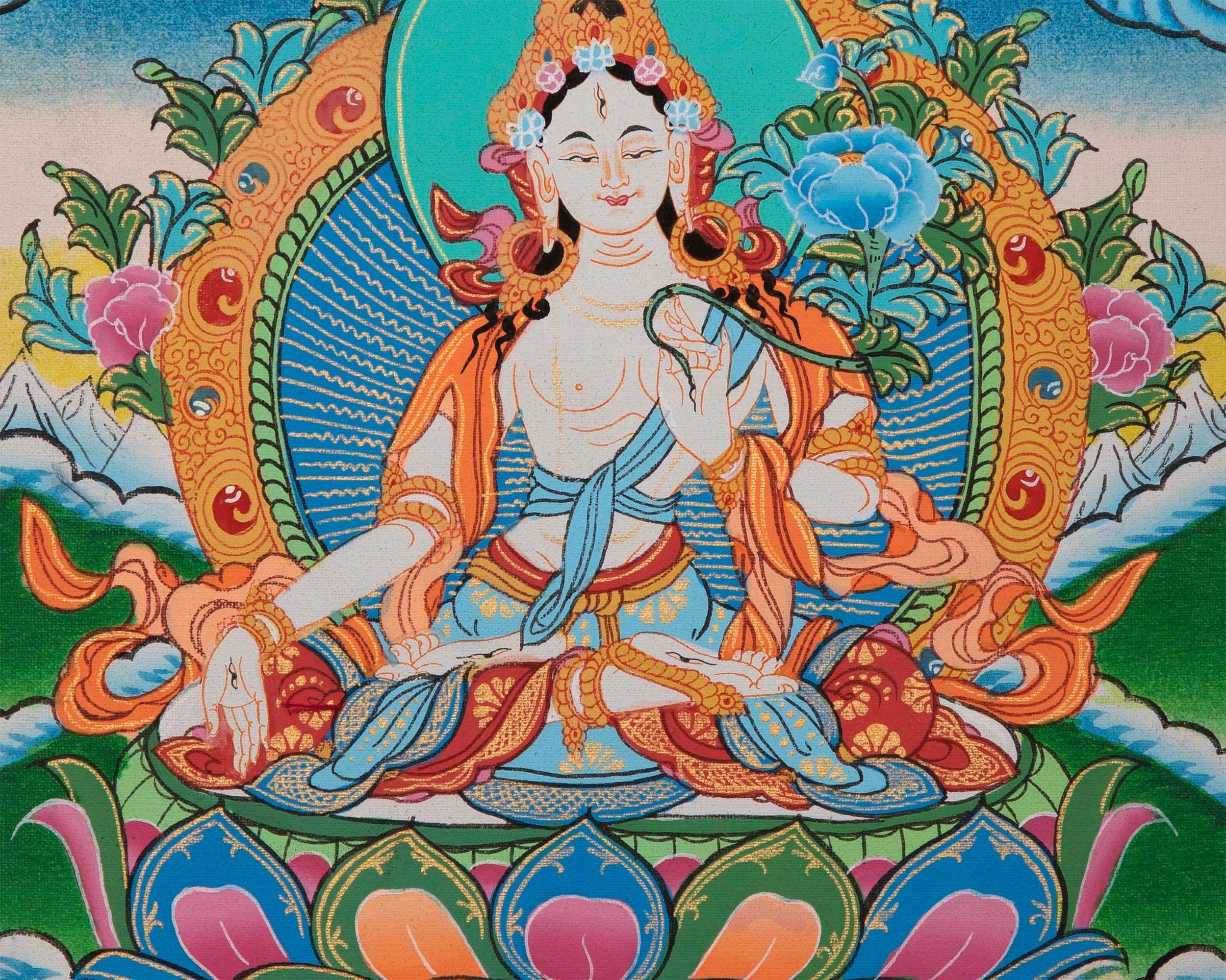 Vintage White Tara Thangka | Tibetan Wall Hanging