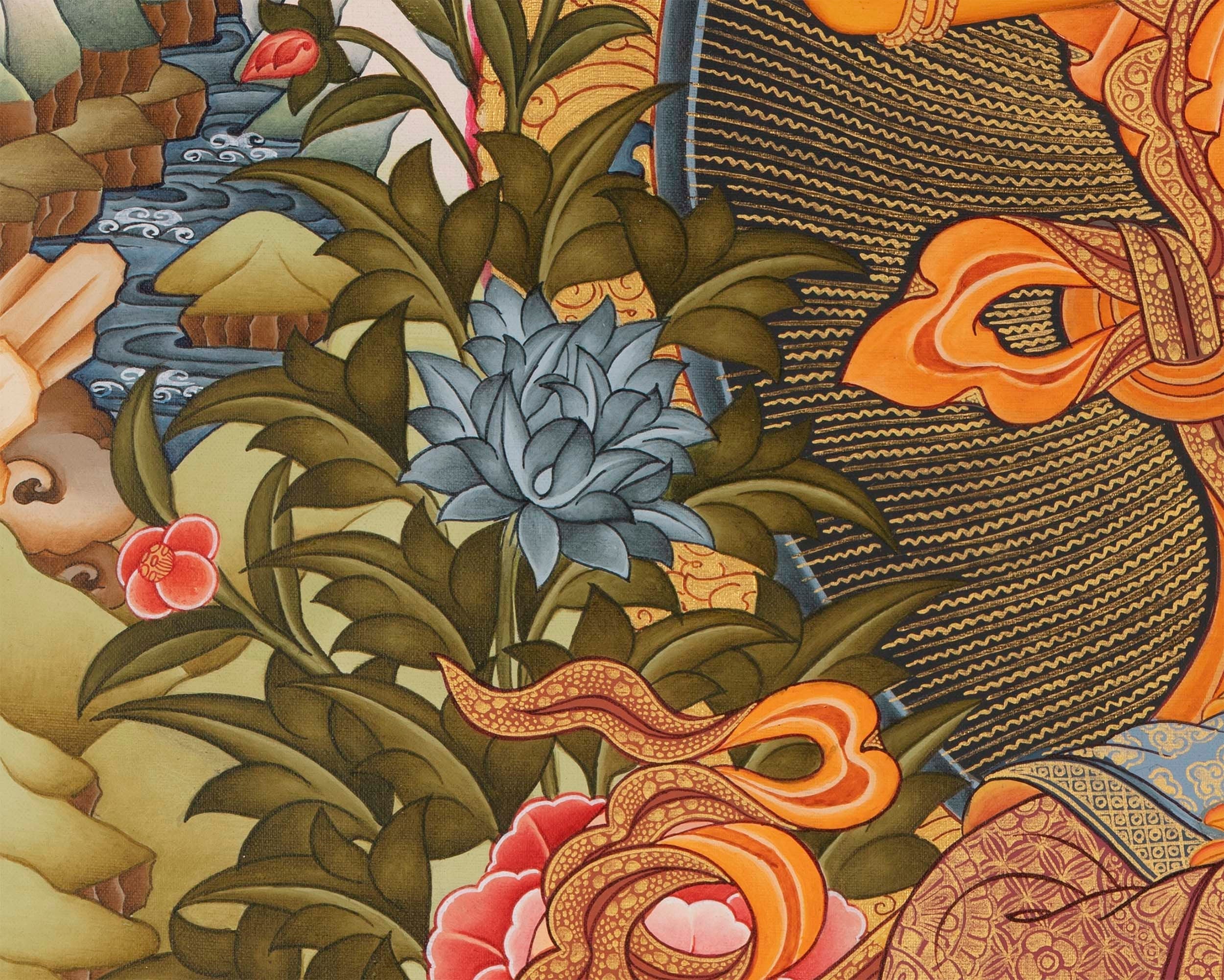 Manjushree The Deity of Wisdom Thangka  | Amitayus , Vajrapani & Chengresig Fine Quality Acrylic Art | Wisdom Buddha
