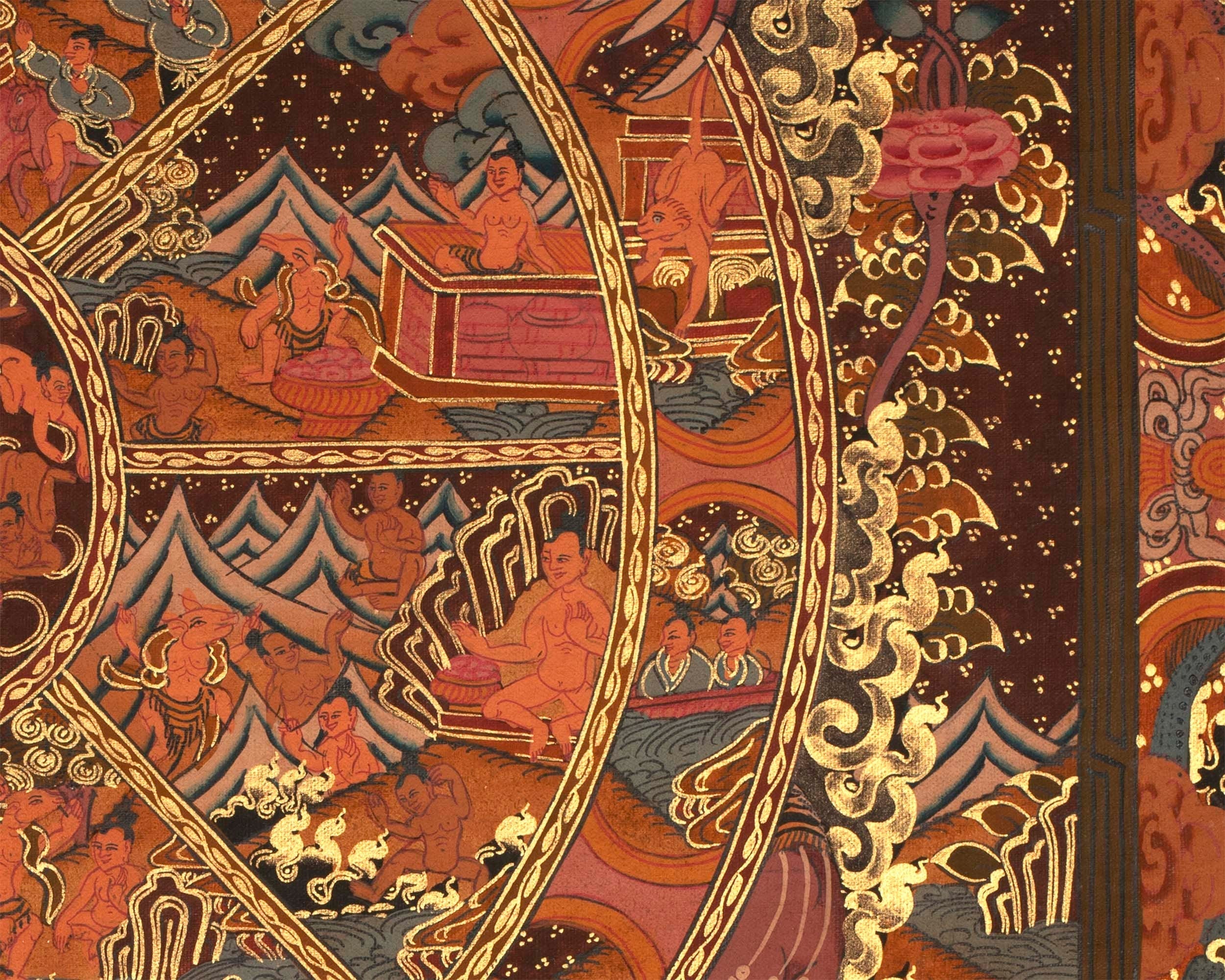 Wheel Of Life Original Gold Painted Tibetan Thangka |  Wall hanging Decoration for Relaxation | Spiritual Meditation Art For Eternal Love