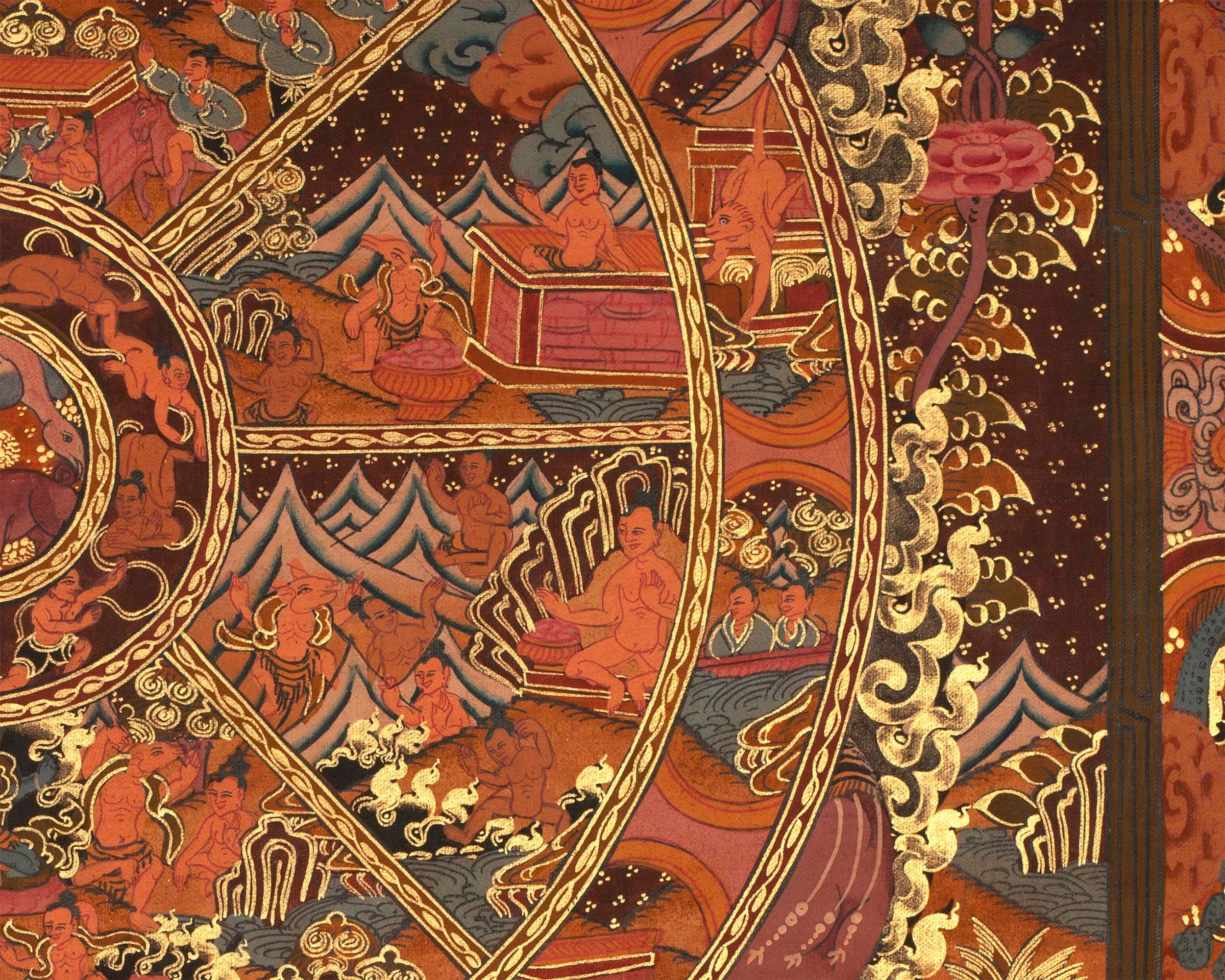 Wheel Of Life Original Gold Painted Tibetan Thangka |  Wall hanging Decoration for Relaxation | Spiritual Meditation Art For Eternal Love