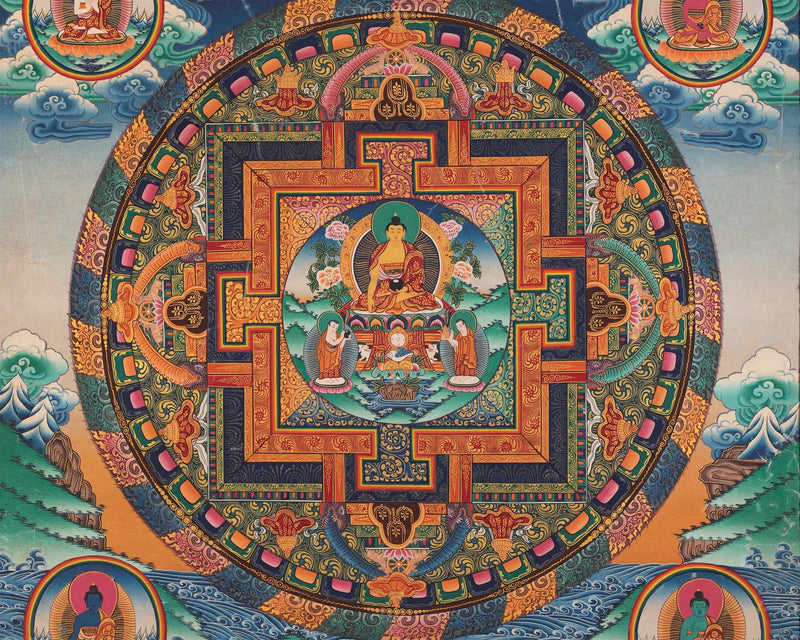 Five Dhyani Buddha Mandala | Vintage Handmade Thangka Painting