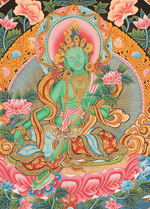 Newari Style Green Tara Thangka | Hand Painted Buddhist Art | Wall Decors