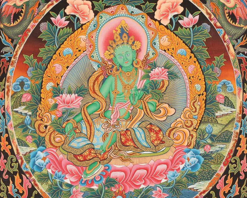Newari Style Green Tara Thangka | Hand Painted Buddhist Art | Wall Decors