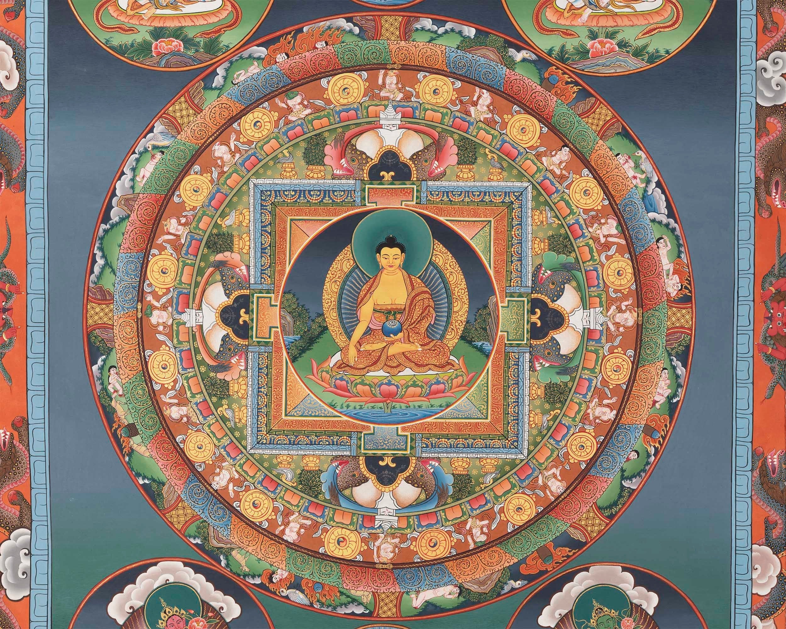 Round Buddhist Mandala Painting | Vintage Thanka for Meditation