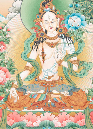 Buddhist Diety White Tara Thangka | Wall Hanging Yoga Art | Religious Gift Ideas
