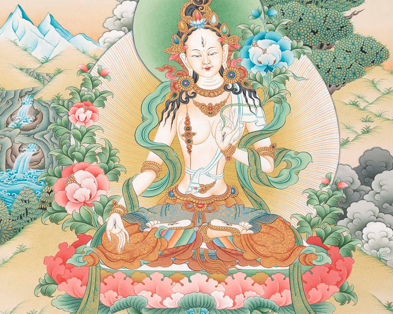 Buddhist Diety White Tara Thangka | Wall Hanging Yoga Art | Religious Gift Ideas