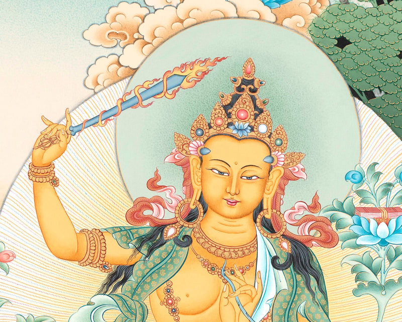 Tibetan Manjushree Thangka | Bodhisattva of Wisdom and Power | Wall Hanging Decors