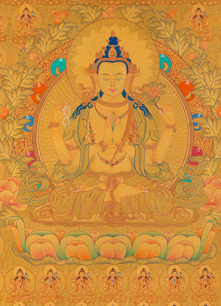 108 Chenrezig Avalokiteshvara Thangka | 24k Pure Gold Original Handmade Tibetan Thangka | Small Size Wall Decoration Painting | Mindfulness Meditation