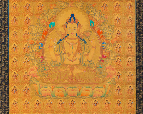 108 Chenrezig Avalokiteshvara Thangka | 24k Pure Gold Original Handmade Tibetan Thangka | Small Size Wall Decoration Painting | Mindfulness Meditation