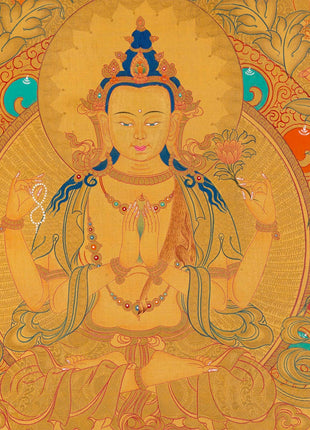 108 Chenrezig Avalokiteshvara Thangka | 24k Pure Gold Original Handmade Tibetan Thangka | Small Size Wall Decoration Painting | Mindfulness Meditation