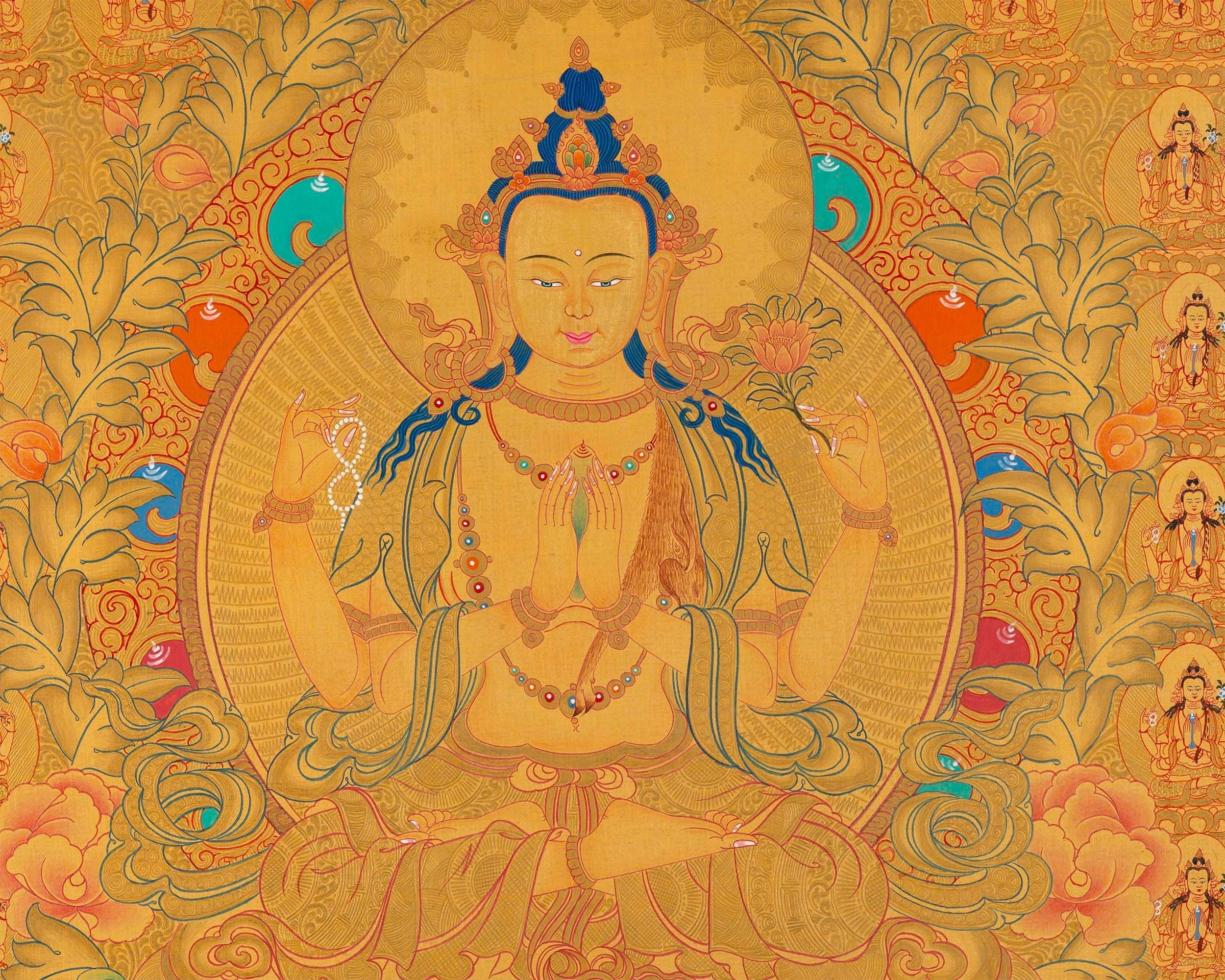 108 Chenrezig Avalokiteshvara Thangka | 24k Pure Gold Original Handmade Tibetan Thangka | Small Size Wall Decoration Painting | Mindfulness Meditation