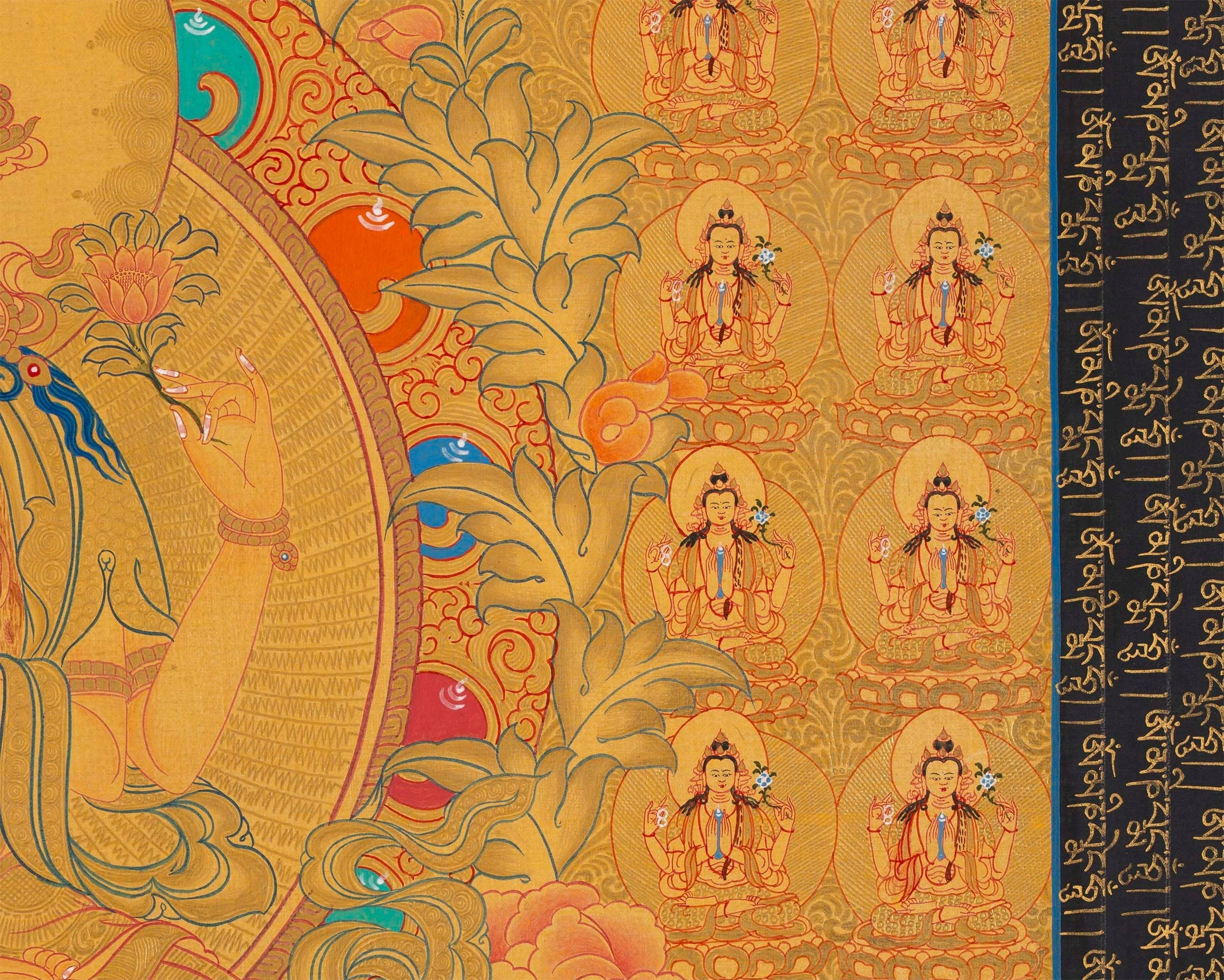108 Chenrezig Avalokiteshvara Thangka | 24k Pure Gold Original Handmade Tibetan Thangka | Small Size Wall Decoration Painting | Mindfulness Meditation