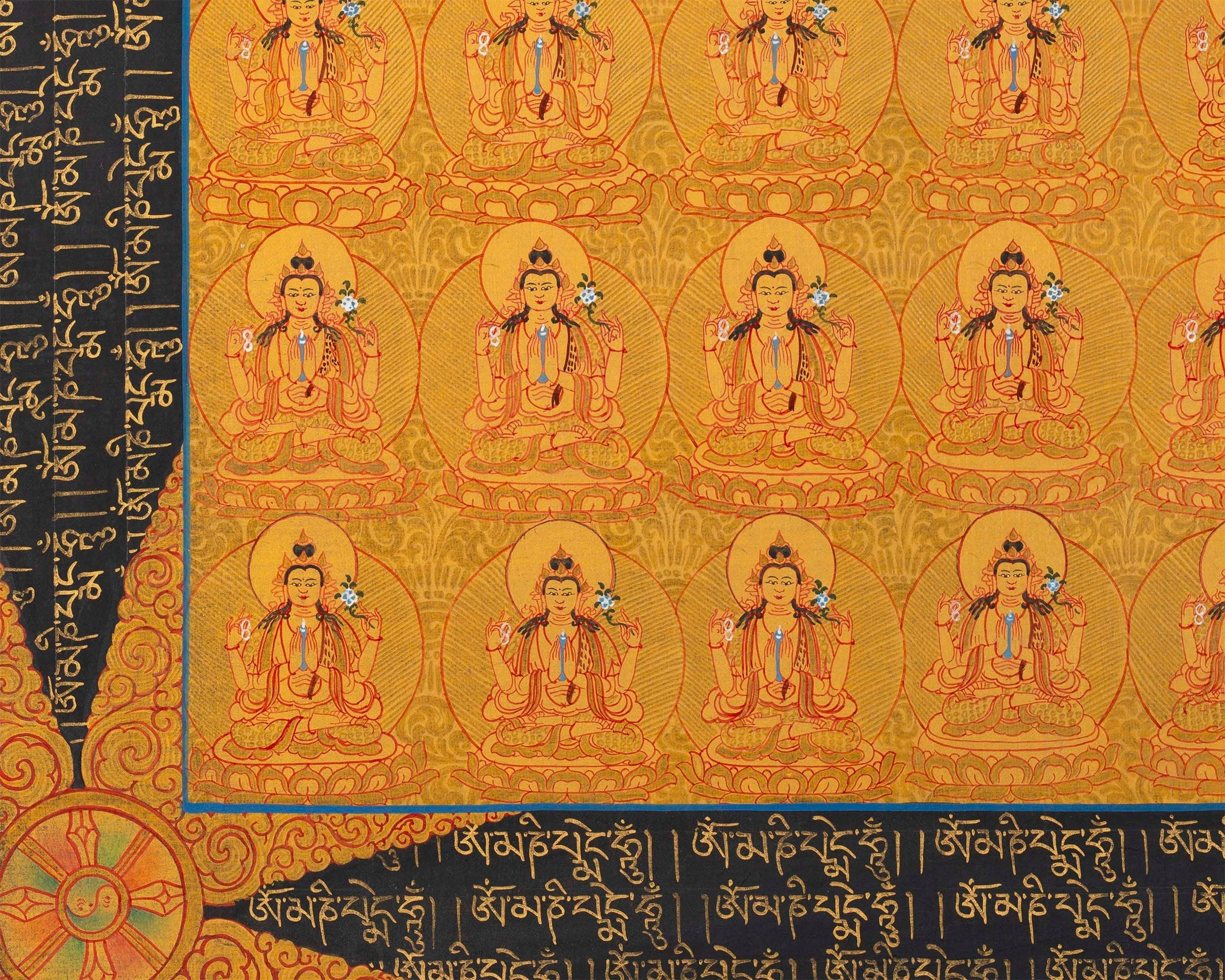 108 Chenrezig Avalokiteshvara Thangka | 24k Pure Gold Original Handmade Tibetan Thangka | Small Size Wall Decoration Painting | Mindfulness Meditation