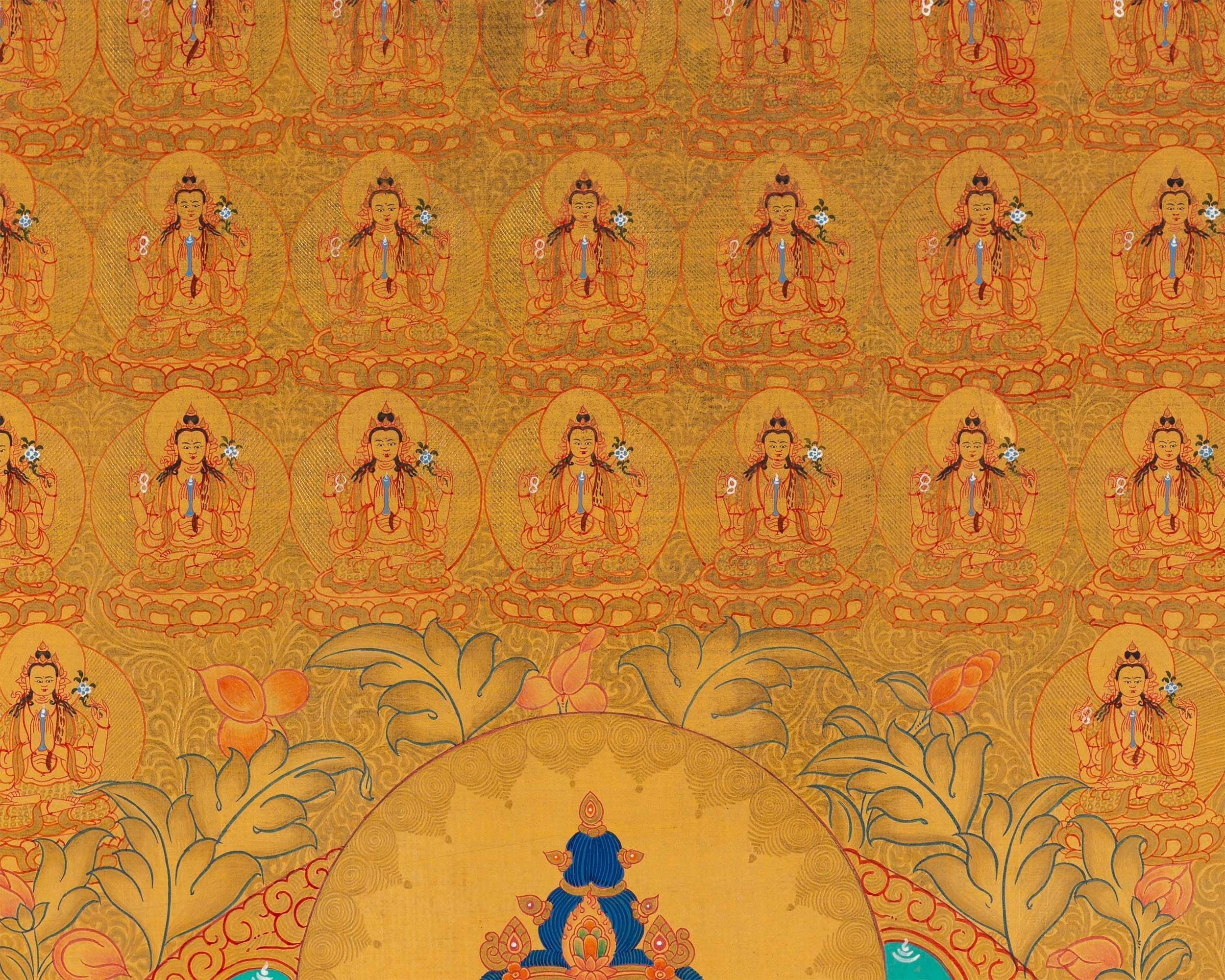 108 Chenrezig Avalokiteshvara Thangka | 24k Pure Gold Original Handmade Tibetan Thangka | Small Size Wall Decoration Painting | Mindfulness Meditation