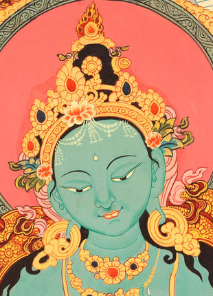 Buddhist Goddess Green Tara Thangka | Tibetan Traditional Art | Religious Wall Decoration