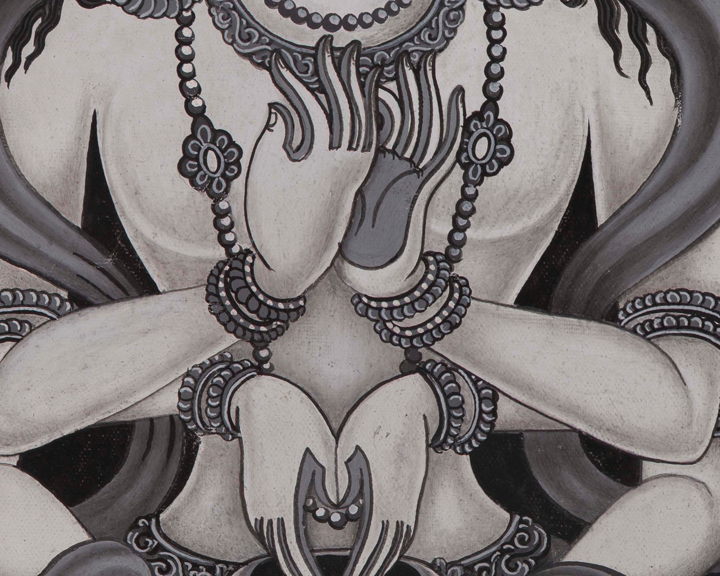 Newari Black and White Arya Manjushree Namsangiti thangka | Buddhist Art