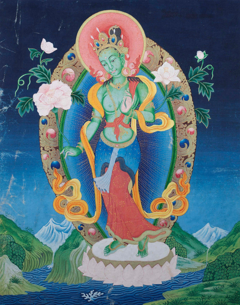 Vintage Green Tara Thangka | Cotton Canvas Spiritual Art