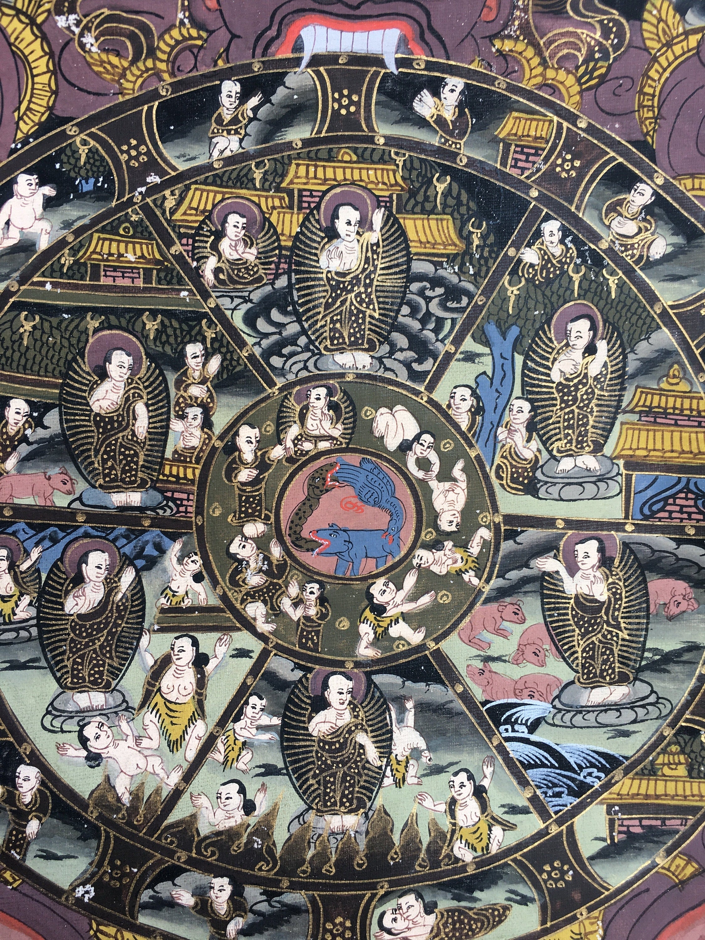 Buddhist Bhavachakra Thangka | Brocade Mounted Thangka | Wall Hanging Decoration