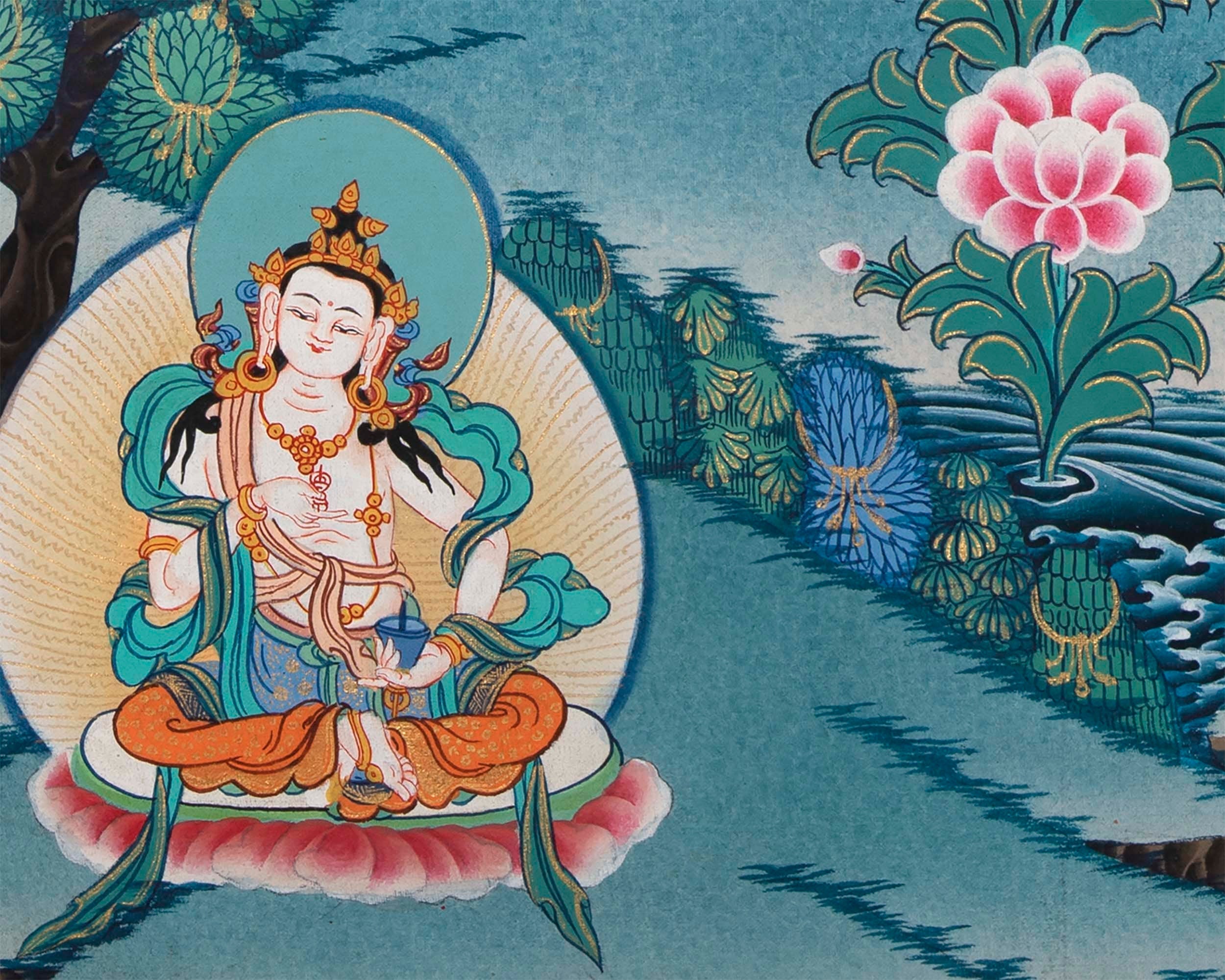 Tsongkhapa , Chengresig And Medicine Buddha Thangka Painting | Vajrayogini , Vajrasattva Yabyum , Manjushri , Green Tara | Horizontal Shaped