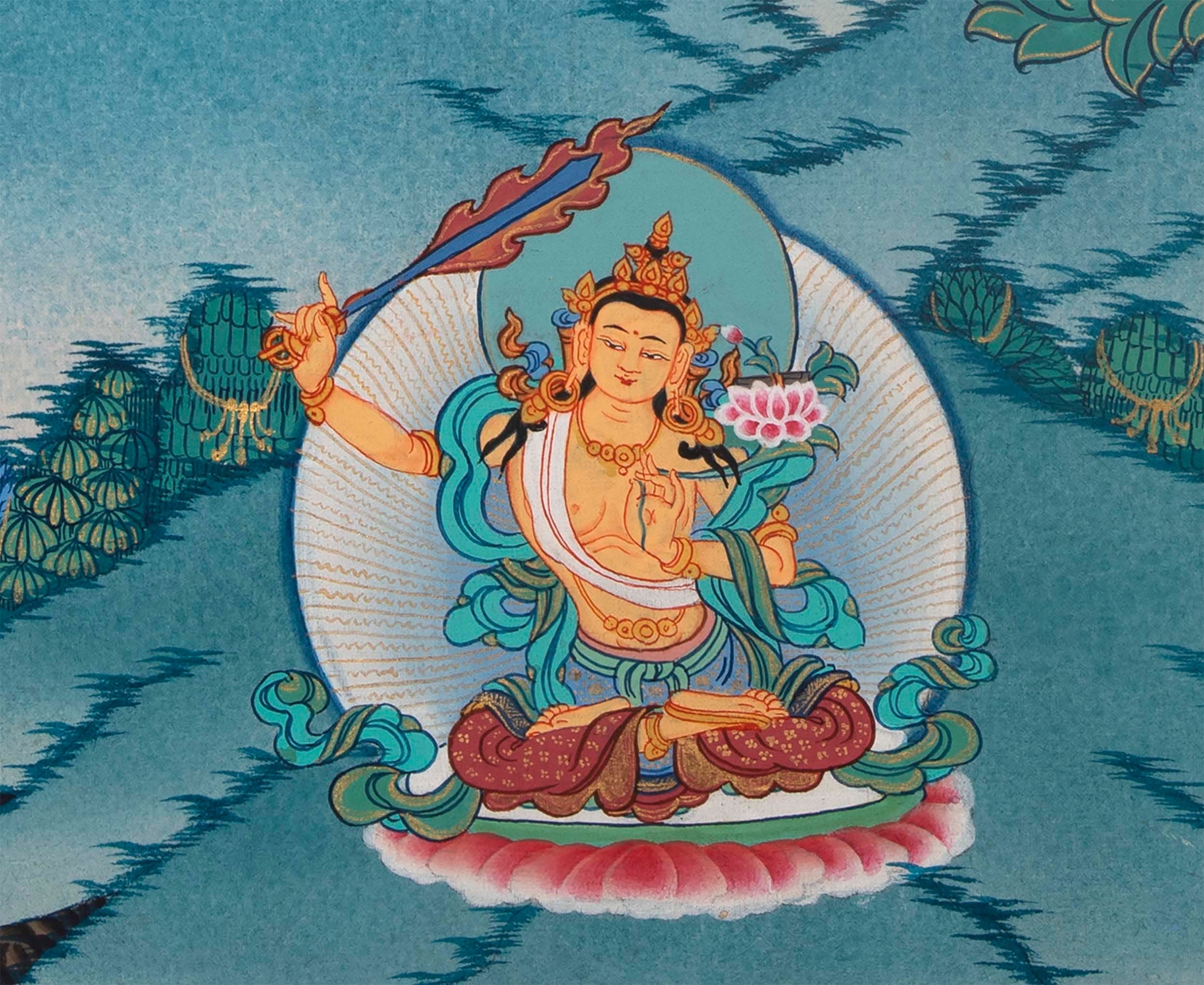 Tsongkhapa , Chengresig And Medicine Buddha Thangka Painting | Vajrayogini , Vajrasattva Yabyum , Manjushri , Green Tara | Horizontal Shaped