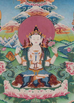 Original Vintage Chenrezig Thanka with Brocade | Traditional Thangka Art