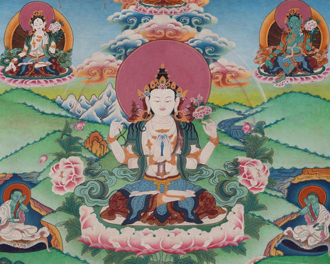 Original Vintage Chenrezig Thanka with Brocade | Traditional Thangka Art