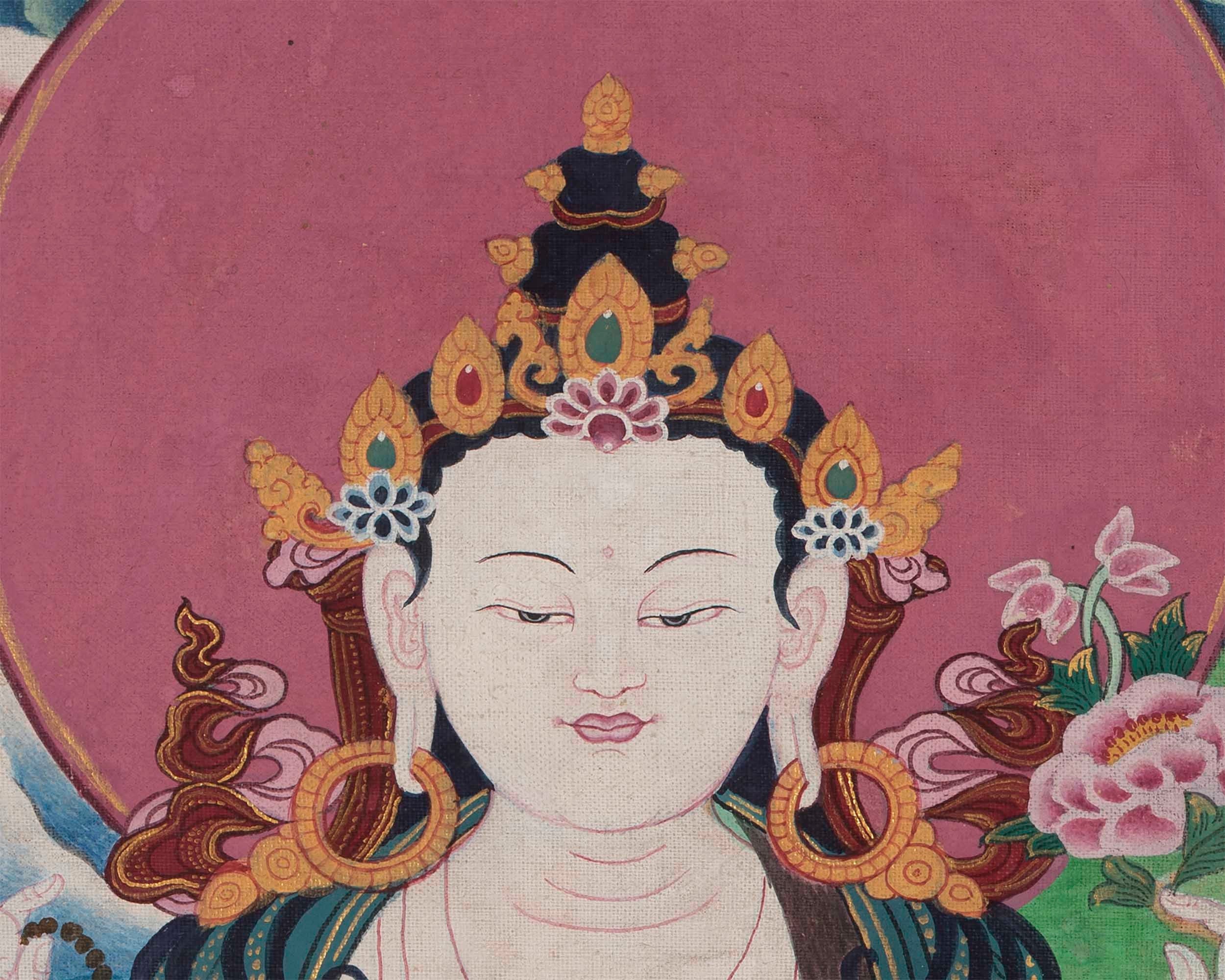 Original Vintage Chenrezig Thanka with Brocade | Traditional Thangka Art