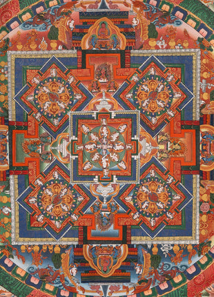 Vintage Big Buddha Mandala with Bodhisattvas and Buddhist Masters | Original Hand-Painted Thangka