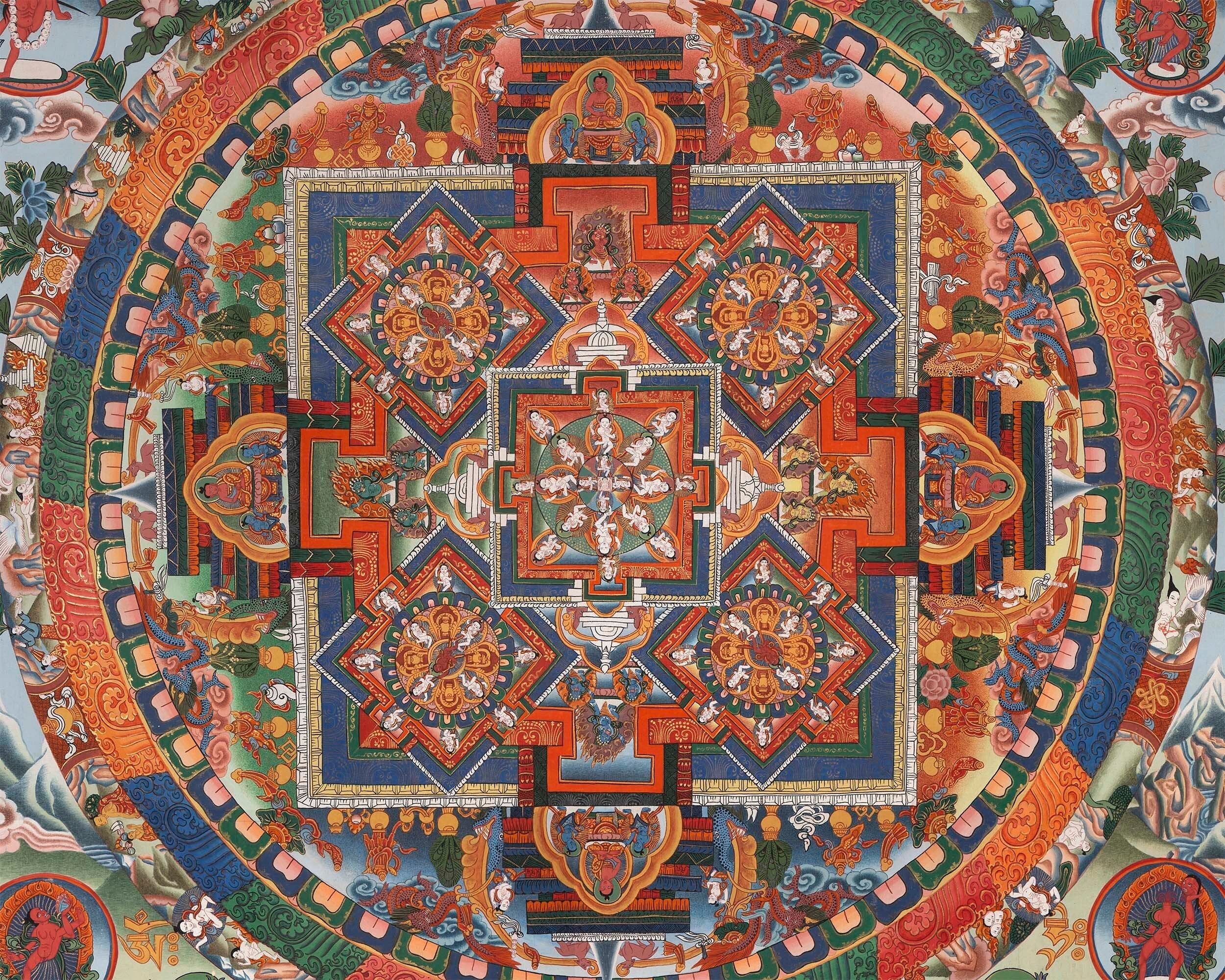 Vintage Big Buddha Mandala with Bodhisattvas and Buddhist Masters | Original Hand-Painted Thangka