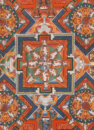 Vintage Big Buddha Mandala with Bodhisattvas and Buddhist Masters | Original Hand-Painted Thangka