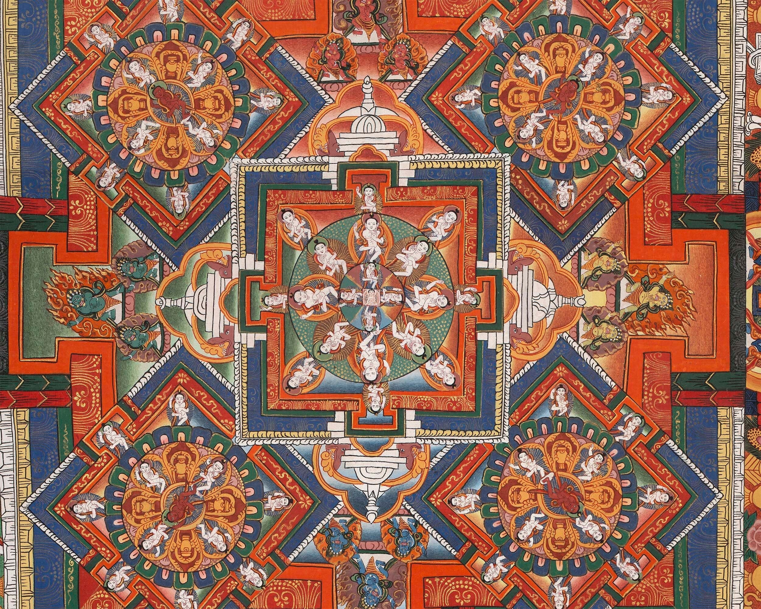 Vintage Big Buddha Mandala with Bodhisattvas and Buddhist Masters | Original Hand-Painted Thangka