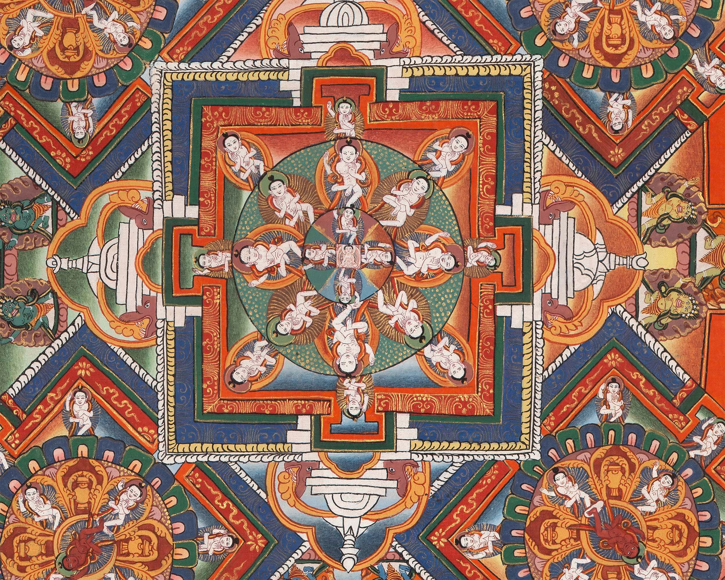 Vintage Big Buddha Mandala with Bodhisattvas and Buddhist Masters | Original Hand-Painted Thangka