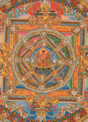 Buddha life Mandala With Buddhist Mantra Border | Unique Hand Painted Tibetan Art