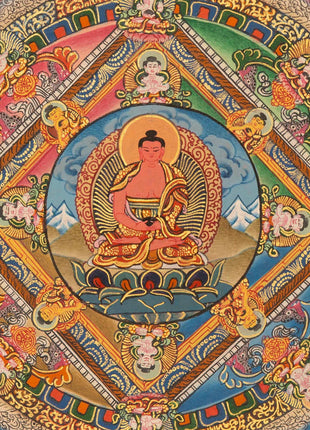 Buddha life Mandala With Buddhist Mantra Border | Unique Hand Painted Tibetan Art