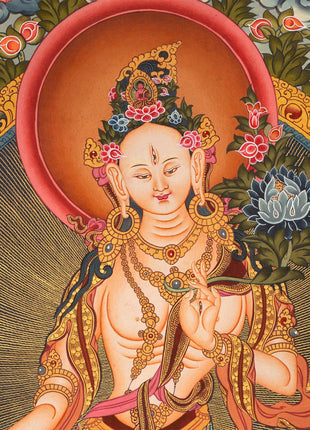White Tara Original Hand-Painted Thangka | Kwan Yin Female Goddess