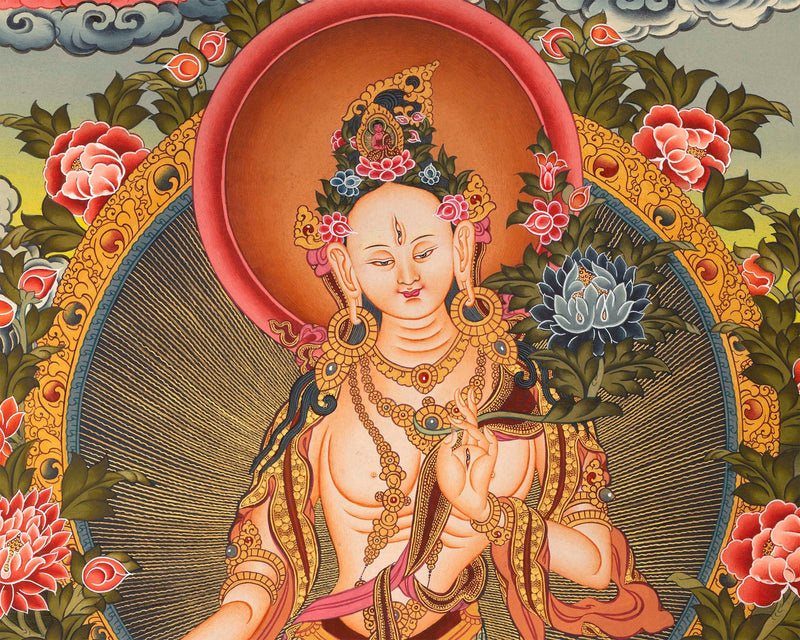 White Tara Original Hand-Painted Thangka | Kwan Yin Female Goddess