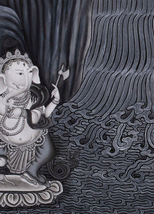 Boddhisattva Manjushree Thangka Creating Kathmandu Valley With The Self Born Light Swayambhu | Newari Style Black And White Wall Deco Art