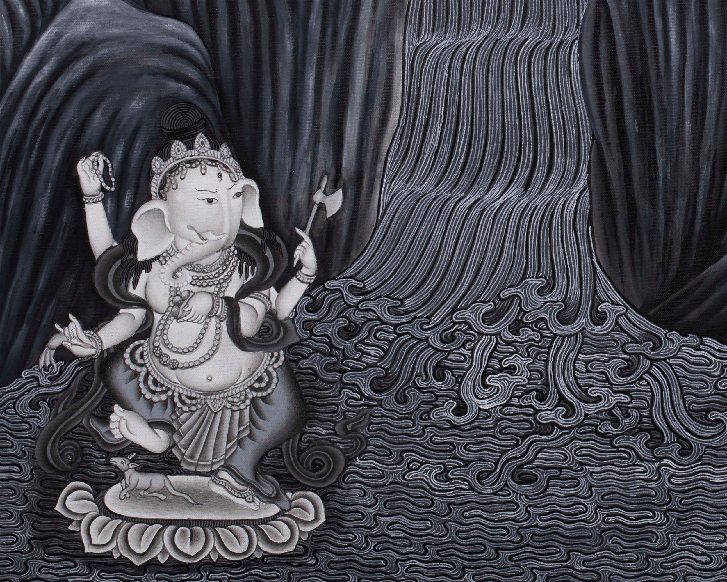 Boddhisattva Manjushree Thangka Creating Kathmandu Valley With The Self Born Light Swayambhu | Newari Style Black And White Wall Deco Art