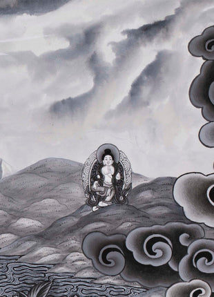 Boddhisattva Manjushree Thangka Creating Kathmandu Valley With The Self Born Light Swayambhu | Newari Style Black And White Wall Deco Art